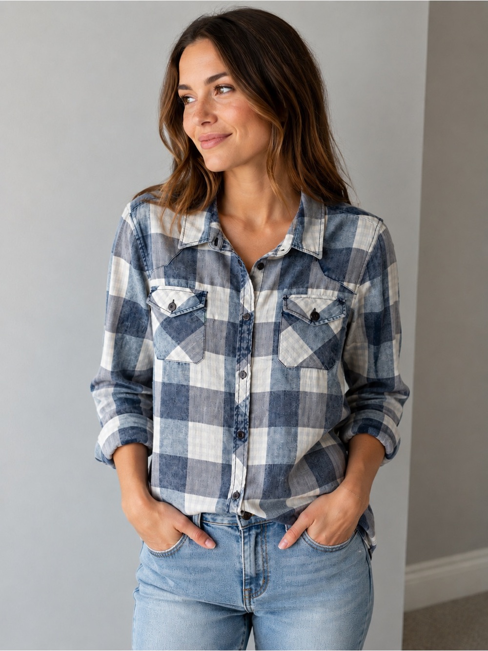 Dylan Blue & White 💯 Cotton Plaid Button-Front Shirt – Size Medium